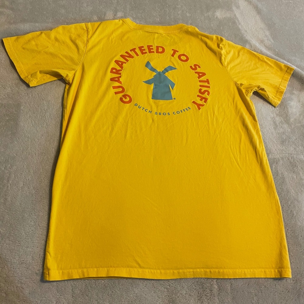 Dutch Bros Coffee Yellow T Shirt Guaranteed to Satisfy Mens Large Employee Work‎